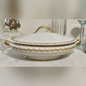 White Porcelain Covered Serving Dish with Pink Floral Band and Gold Trim
